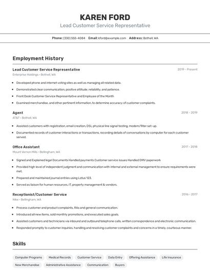 Lead Customer Service Representative Resume
