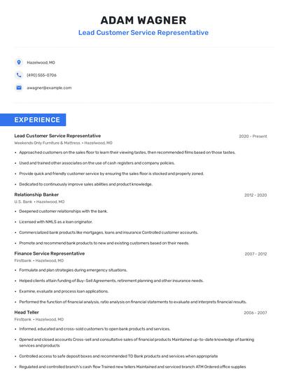 Lead Customer Service Representative Resume