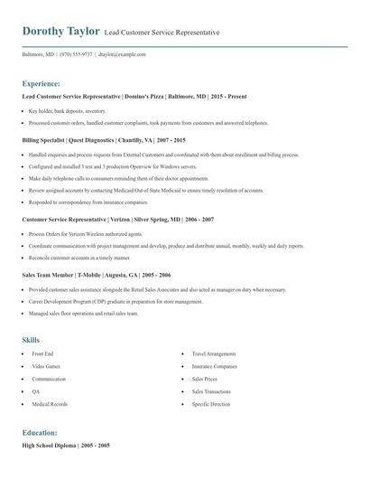 Lead Customer Service Representative Resume