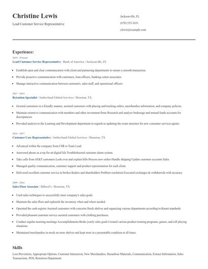 Lead Customer Service Representative Resume