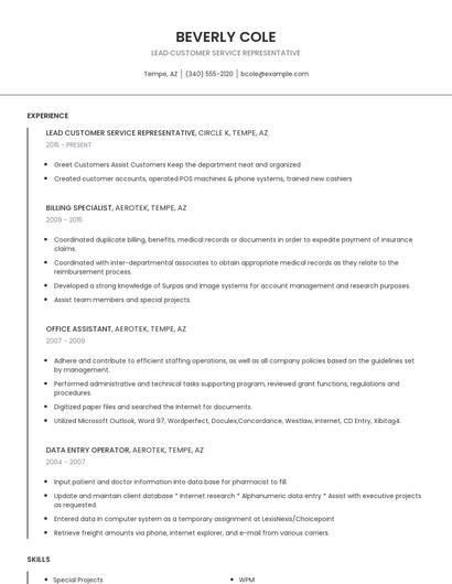 Lead Customer Service Representative Resume