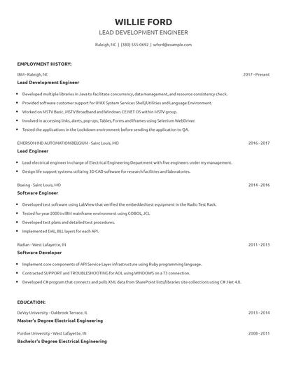 Lead Development Engineer Resume