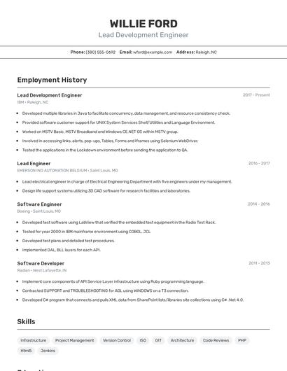 Lead Development Engineer Resume