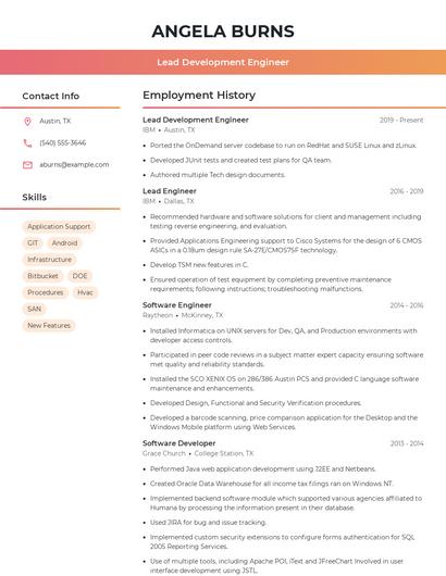 Lead Development Engineer Resume