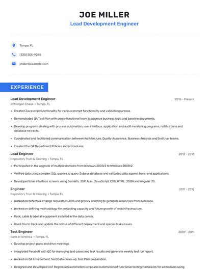 Lead Development Engineer Resume