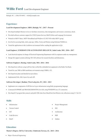 Lead Development Engineer Resume