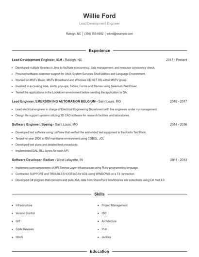 Lead Development Engineer Resume