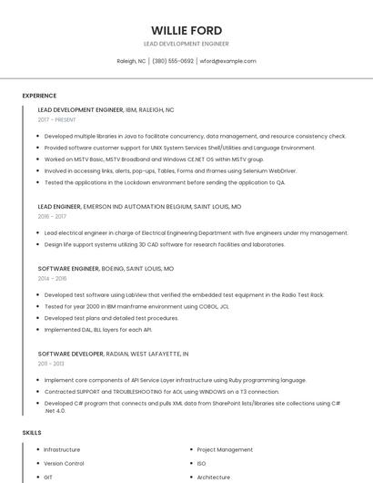 Lead Development Engineer Resume