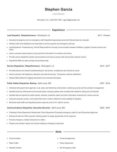 Lead Dispatch Resume