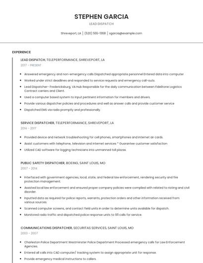 Lead Dispatch Resume