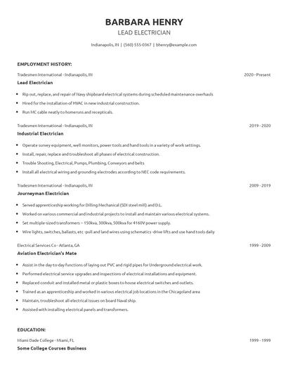 Lead Electrician Resume