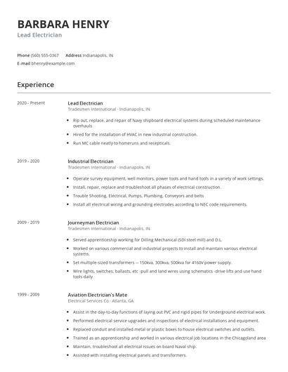 Lead Electrician Resume