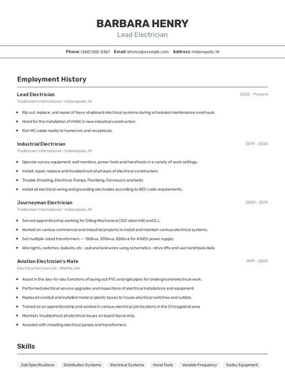 Lead Electrician Resume