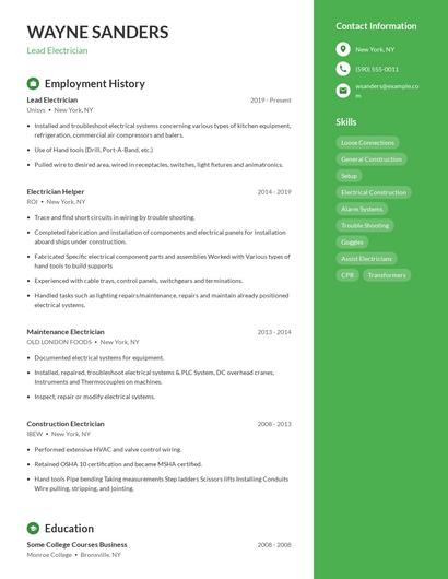 Lead Electrician Resume