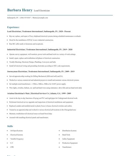 Lead Electrician Resume