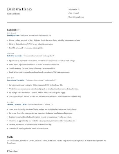 Lead Electrician Resume