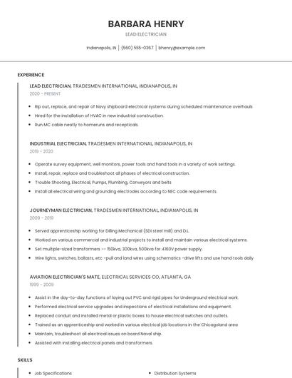 Lead Electrician Resume