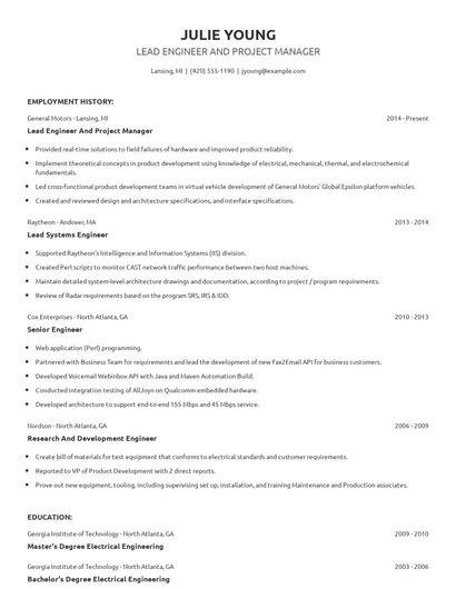 Lead Engineer And Project Manager Resume