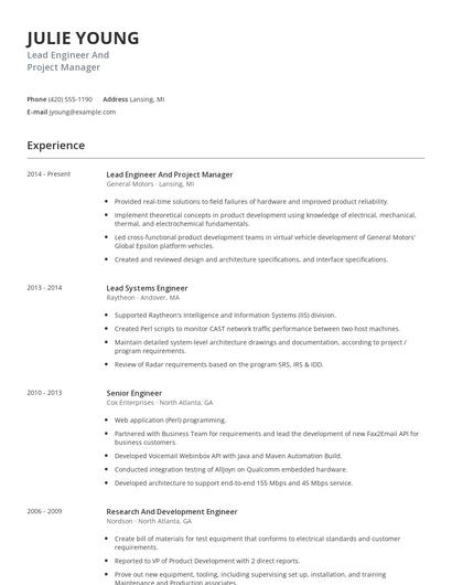 Lead Engineer And Project Manager Resume