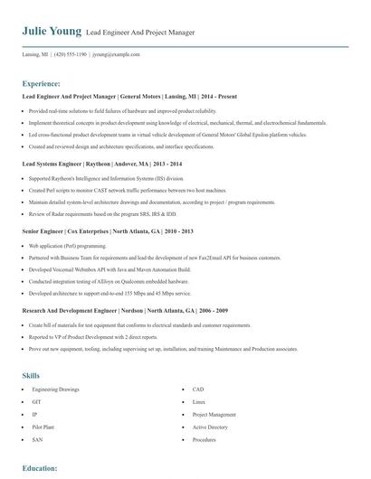 Lead Engineer And Project Manager Resume