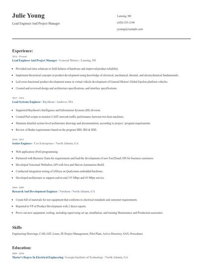 Lead Engineer And Project Manager Resume