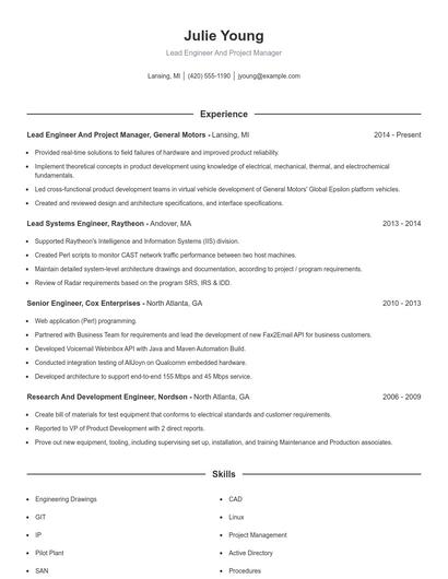 Lead Engineer And Project Manager Resume
