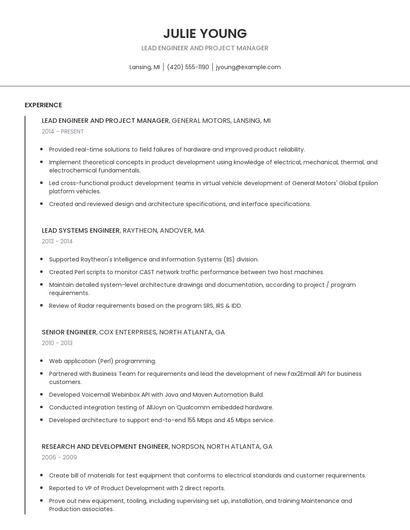 Lead Engineer And Project Manager Resume