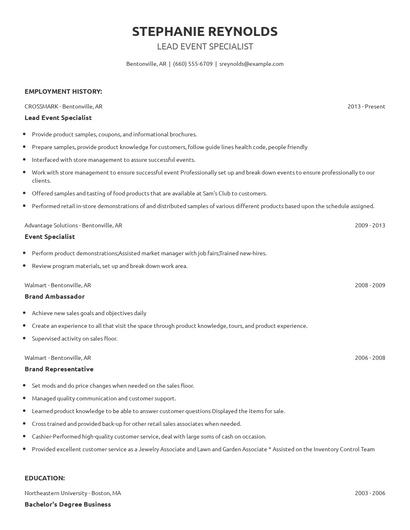 Lead Event Specialist Resume