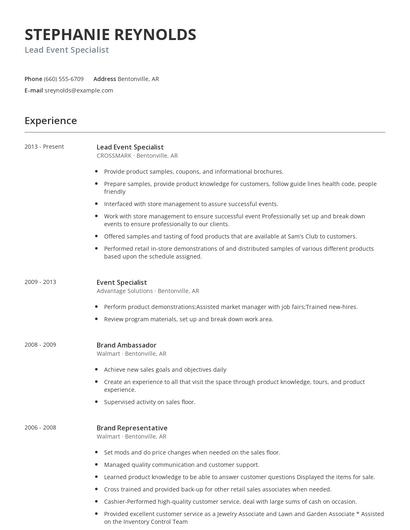 Lead Event Specialist Resume