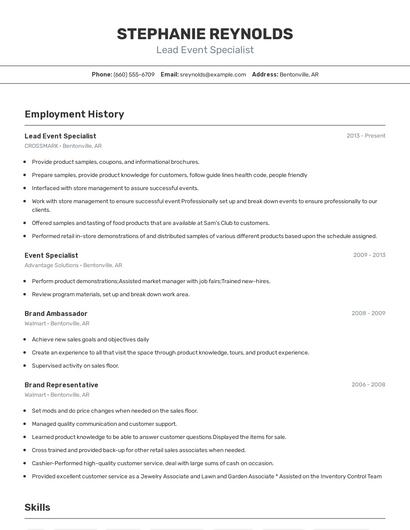 Lead Event Specialist Resume