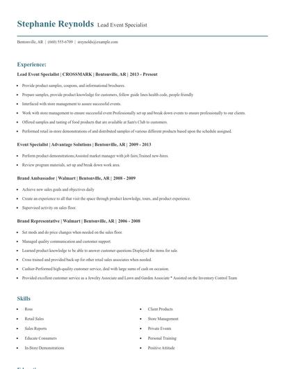Lead Event Specialist Resume