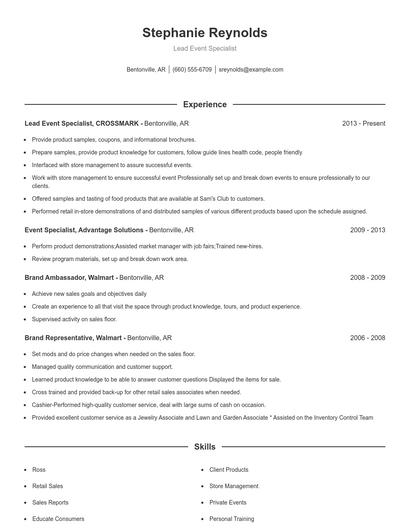 Lead Event Specialist Resume