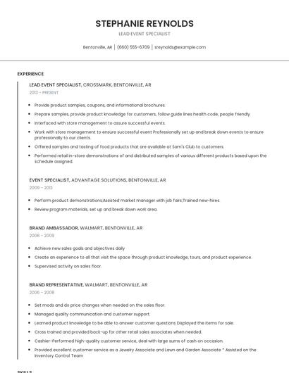 Lead Event Specialist Resume