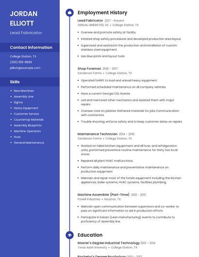 Lead Fabricator Resume