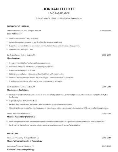 Lead Fabricator Resume