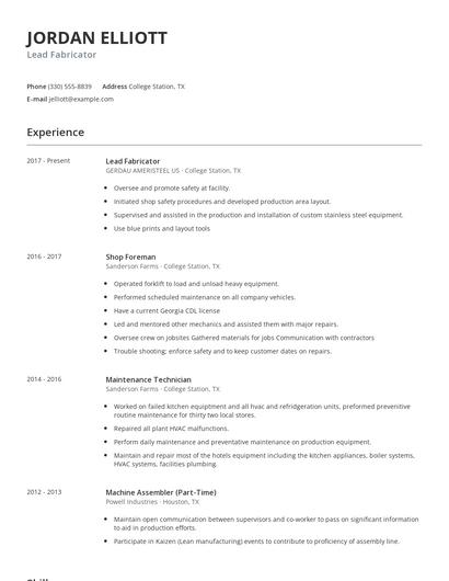 Lead Fabricator Resume