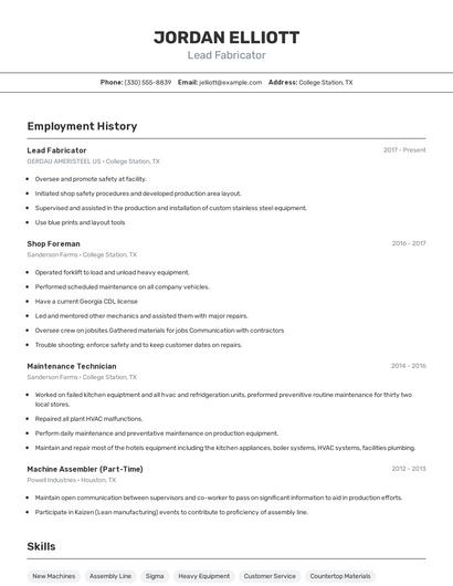 Lead Fabricator Resume
