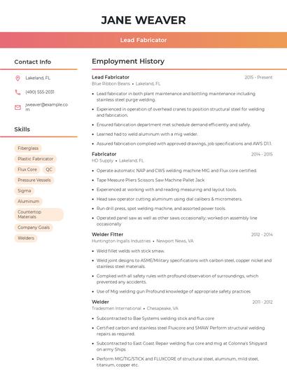 Lead Fabricator Resume