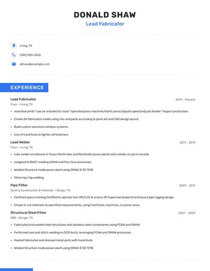 Lead Fabricator Resume