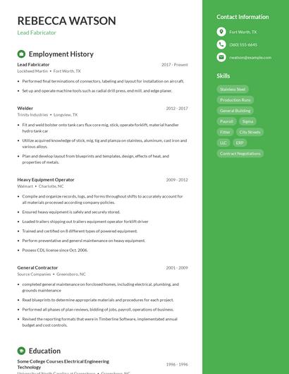 Lead Fabricator Resume