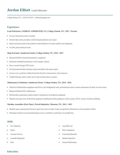 Lead Fabricator Resume