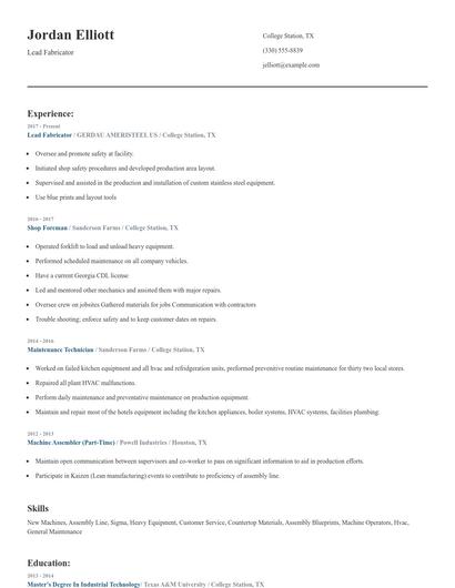 Lead Fabricator Resume