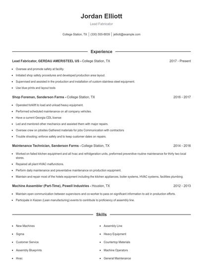 Lead Fabricator Resume