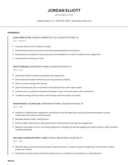 Lead Fabricator Resume