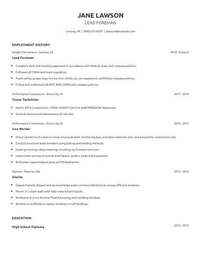 Lead Foreman Resume