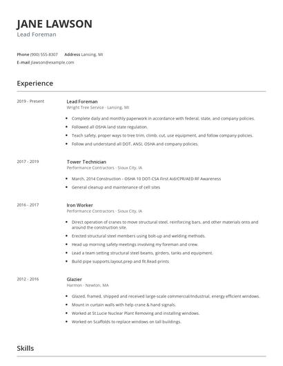 Lead Foreman Resume