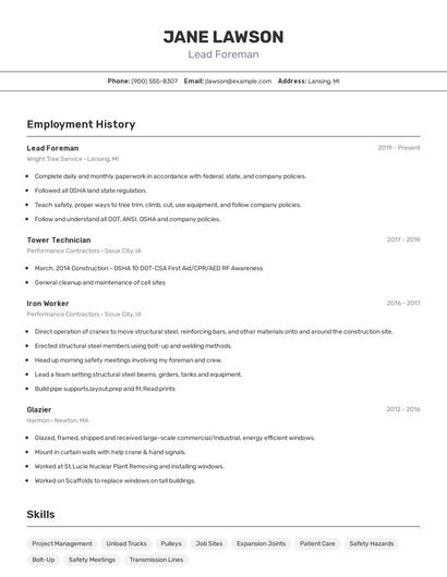 Lead Foreman Resume
