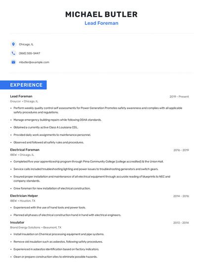 Lead Foreman Resume