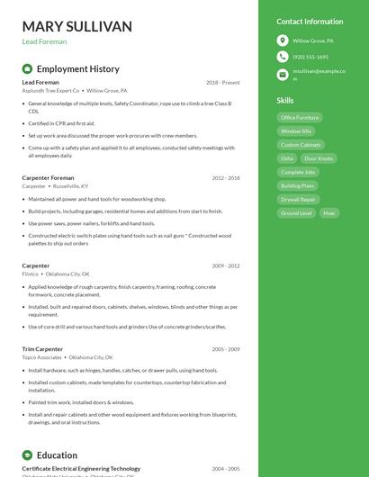 Lead Foreman Resume