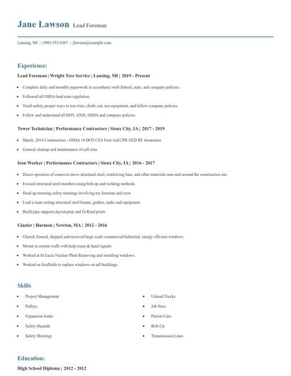 Lead Foreman Resume